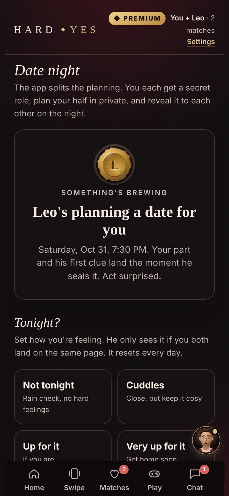 A date night screen: Leo's planning a date for you, sealed with wax.